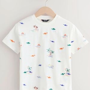 White T-Shirt with Colorful Dino Tropical Print
